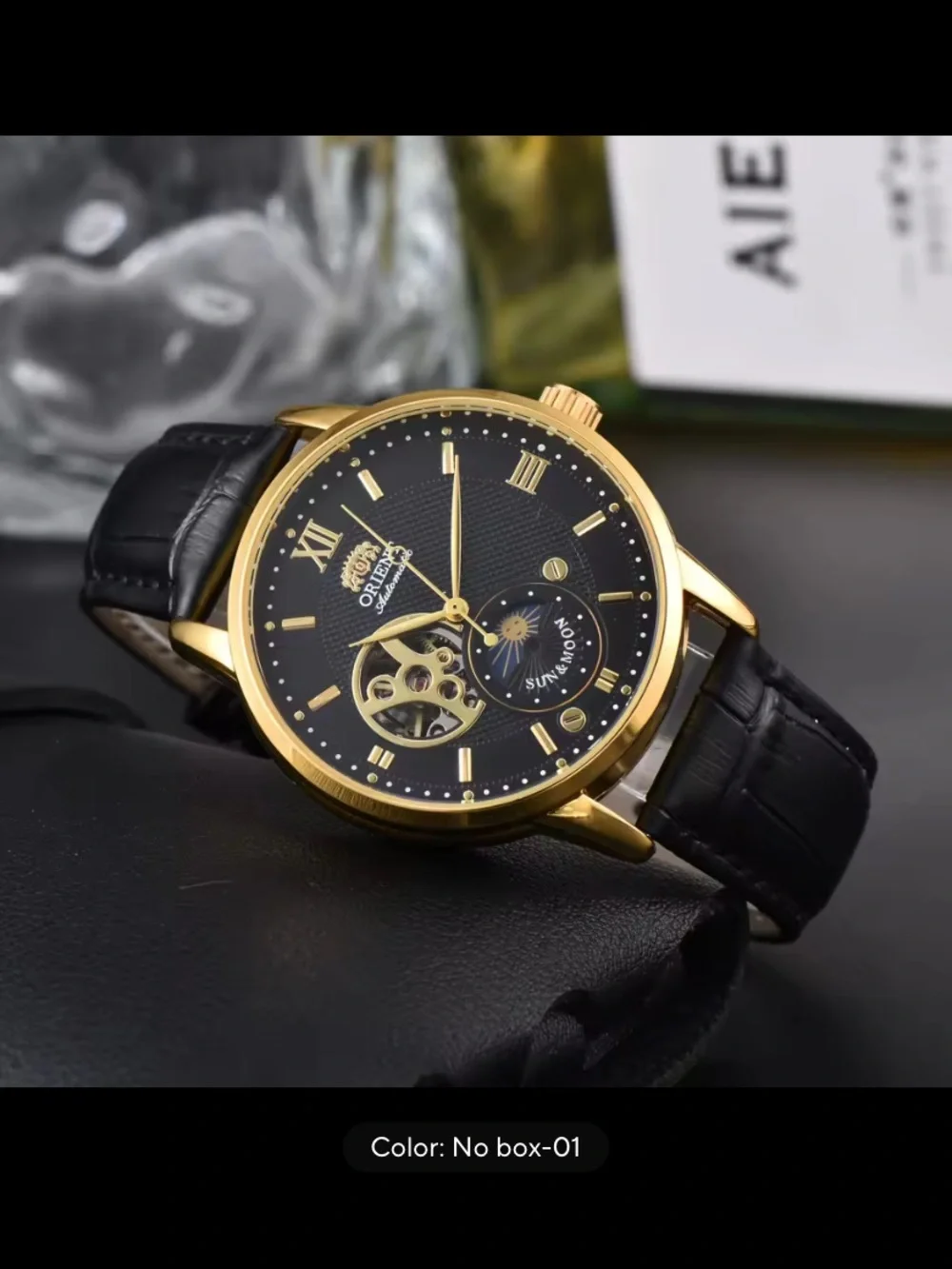 New Orient Gold-Tone Mechanical Watch with Black Dial and Black Leather Strap